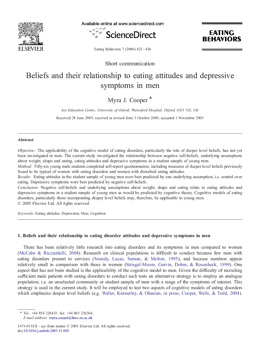 Beliefs and their relationship to eating attitudes and depressive symptoms in men