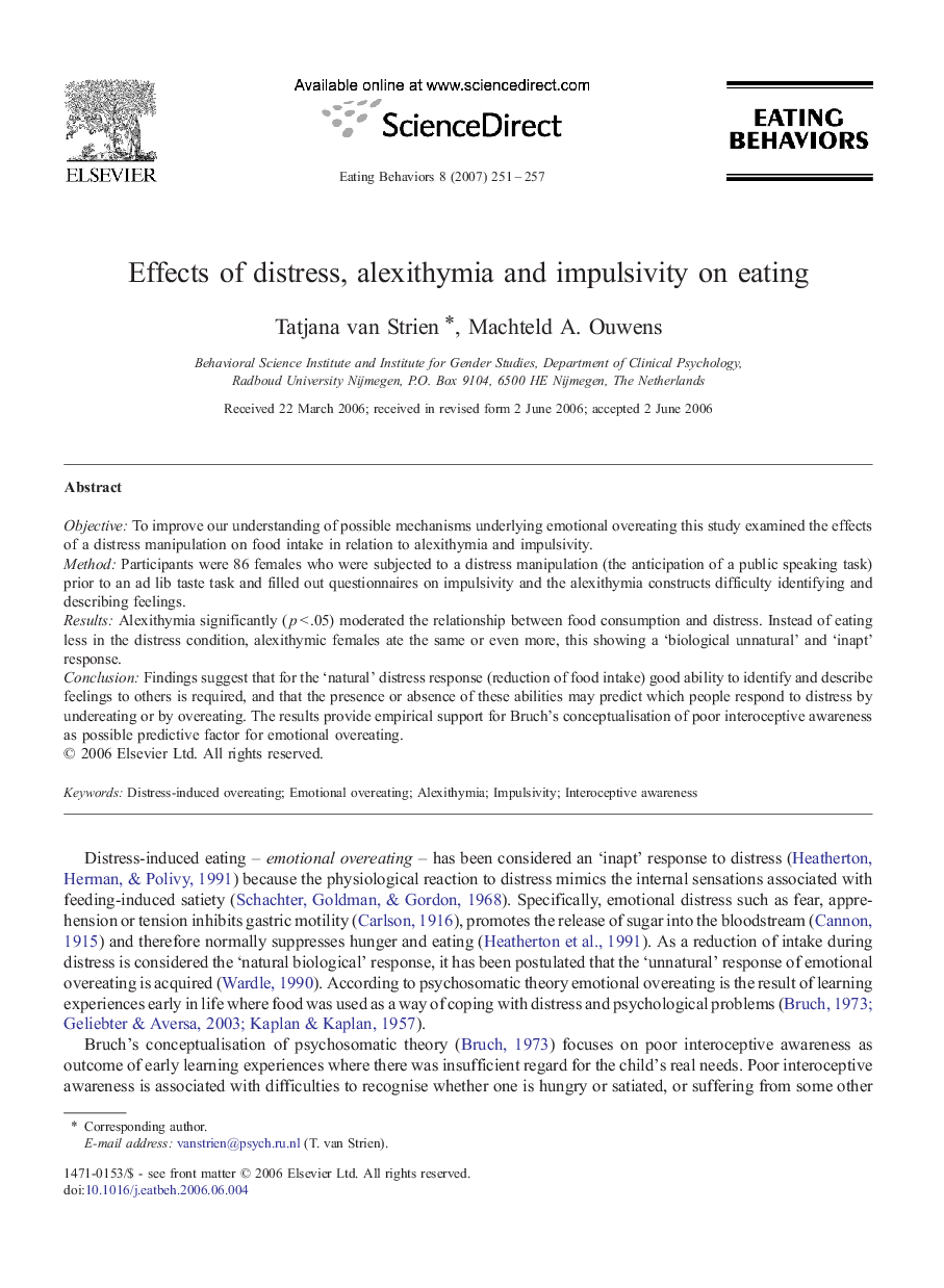 Effects of distress, alexithymia and impulsivity on eating