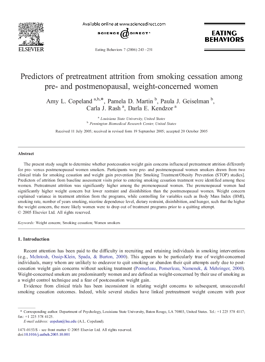 Predictors of pretreatment attrition from smoking cessation among pre- and postmenopausal, weight-concerned women