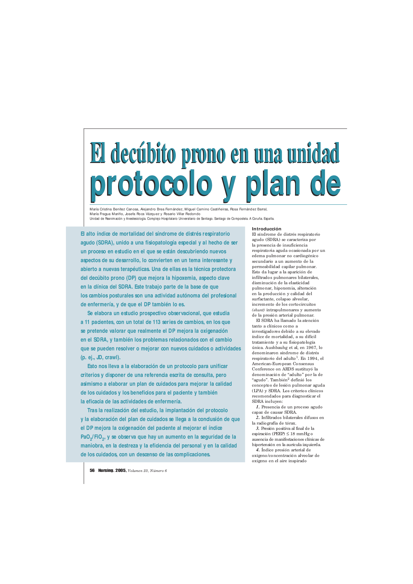 عکس صفحه اول مقاله: El decúbito prono en una unidad de cuidados crÃticos: Protocolo y plan de cuidados El decúbito prono en una unidad de cuidados crÃticos: Protocolo y plan de cuidados