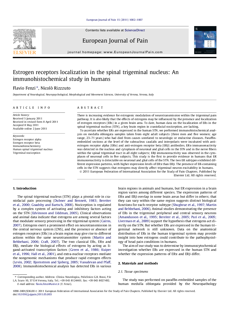 Estrogen receptors localization in the spinal trigeminal nucleus: An immunohistochemical study in humans