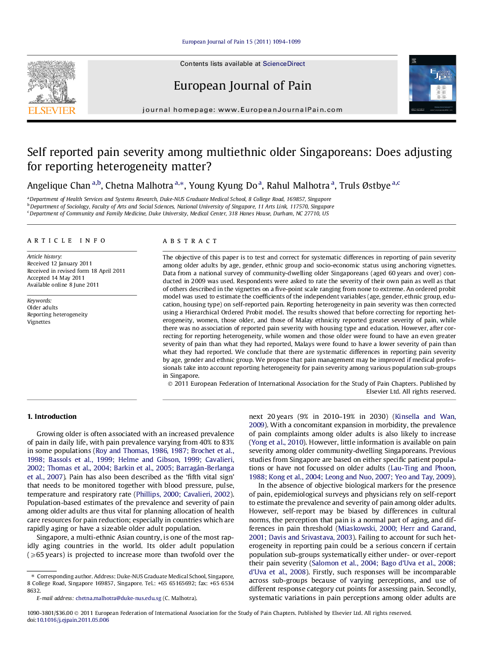 Self reported pain severity among multiethnic older Singaporeans: Does adjusting for reporting heterogeneity matter?