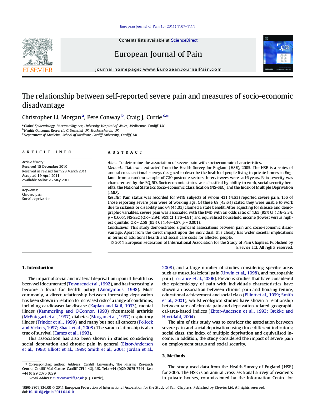 The relationship between self-reported severe pain and measures of socio-economic disadvantage