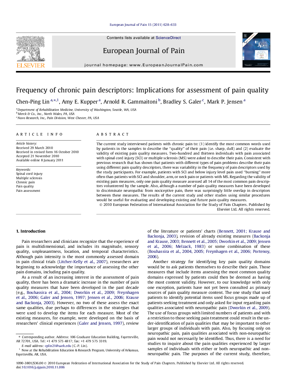 عکس صفحه اول مقاله: Frequency of chronic pain descriptors: Implications for assessment of pain quality Frequency of chronic pain descriptors: Implications for assessment of pain quality