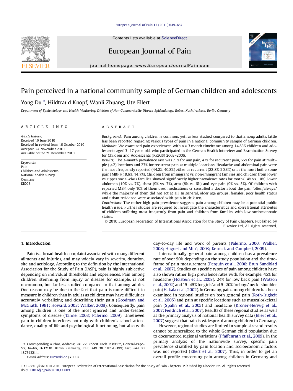 عکس صفحه اول مقاله: Pain perceived in a national community sample of German children and adolescents Pain perceived in a national community sample of German children and adolescents