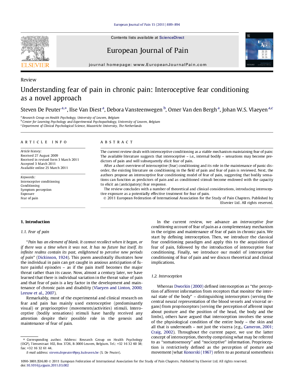 Understanding fear of pain in chronic pain: Interoceptive fear conditioning as a novel approach