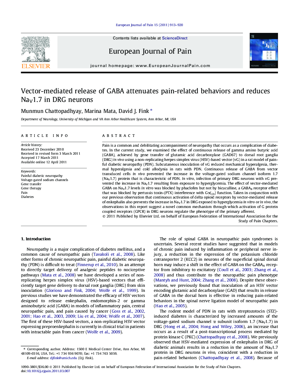 Vector-mediated release of GABA attenuates pain-related behaviors and reduces NaV1.7 in DRG neurons