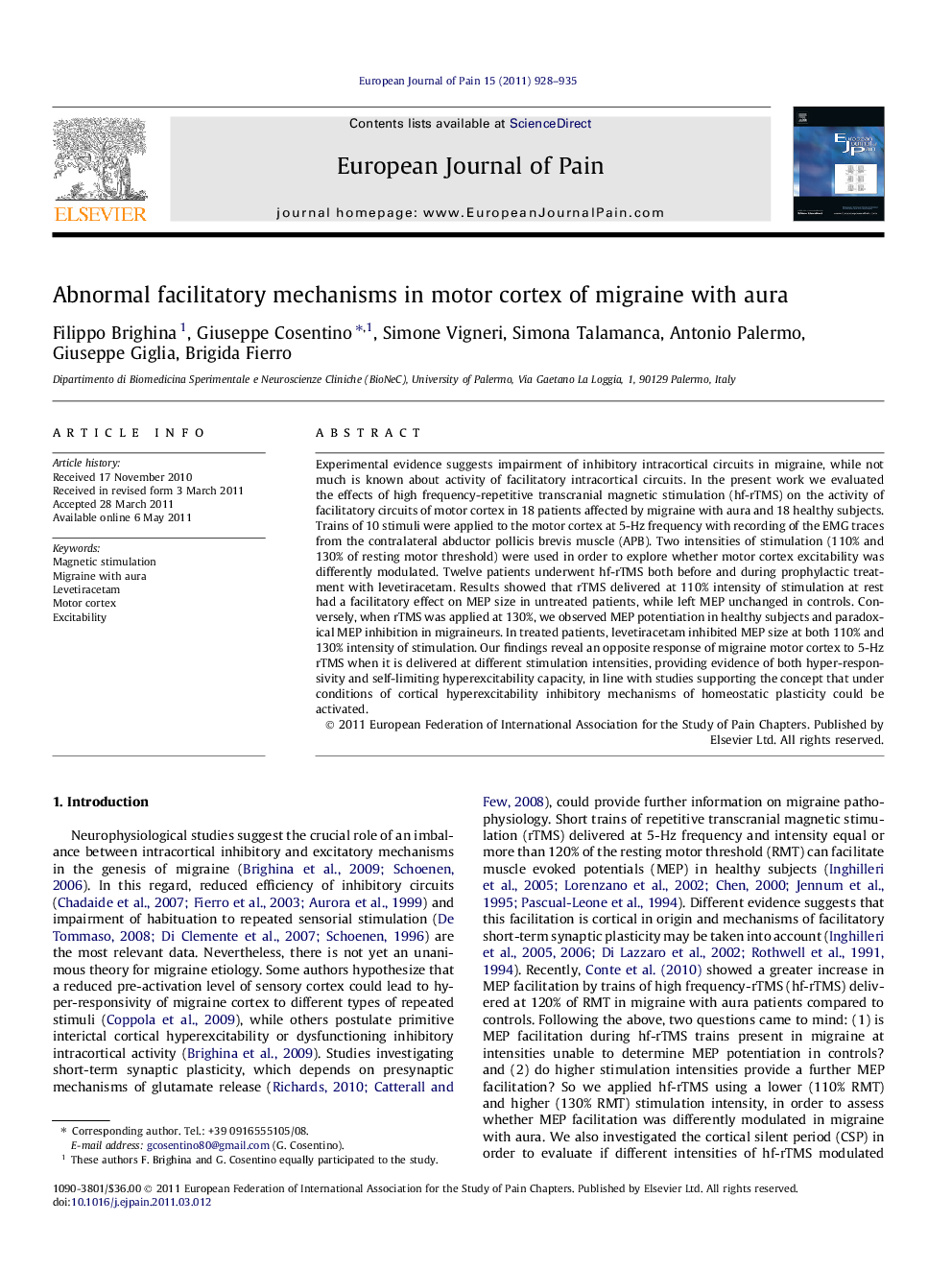 Abnormal facilitatory mechanisms in motor cortex of migraine with aura