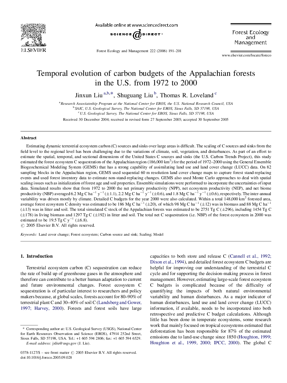 Temporal evolution of carbon budgets of the Appalachian forests in the U.S. from 1972 to 2000