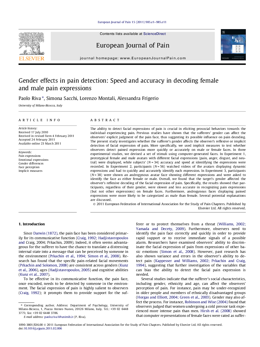 Gender effects in pain detection: Speed and accuracy in decoding female and male pain expressions