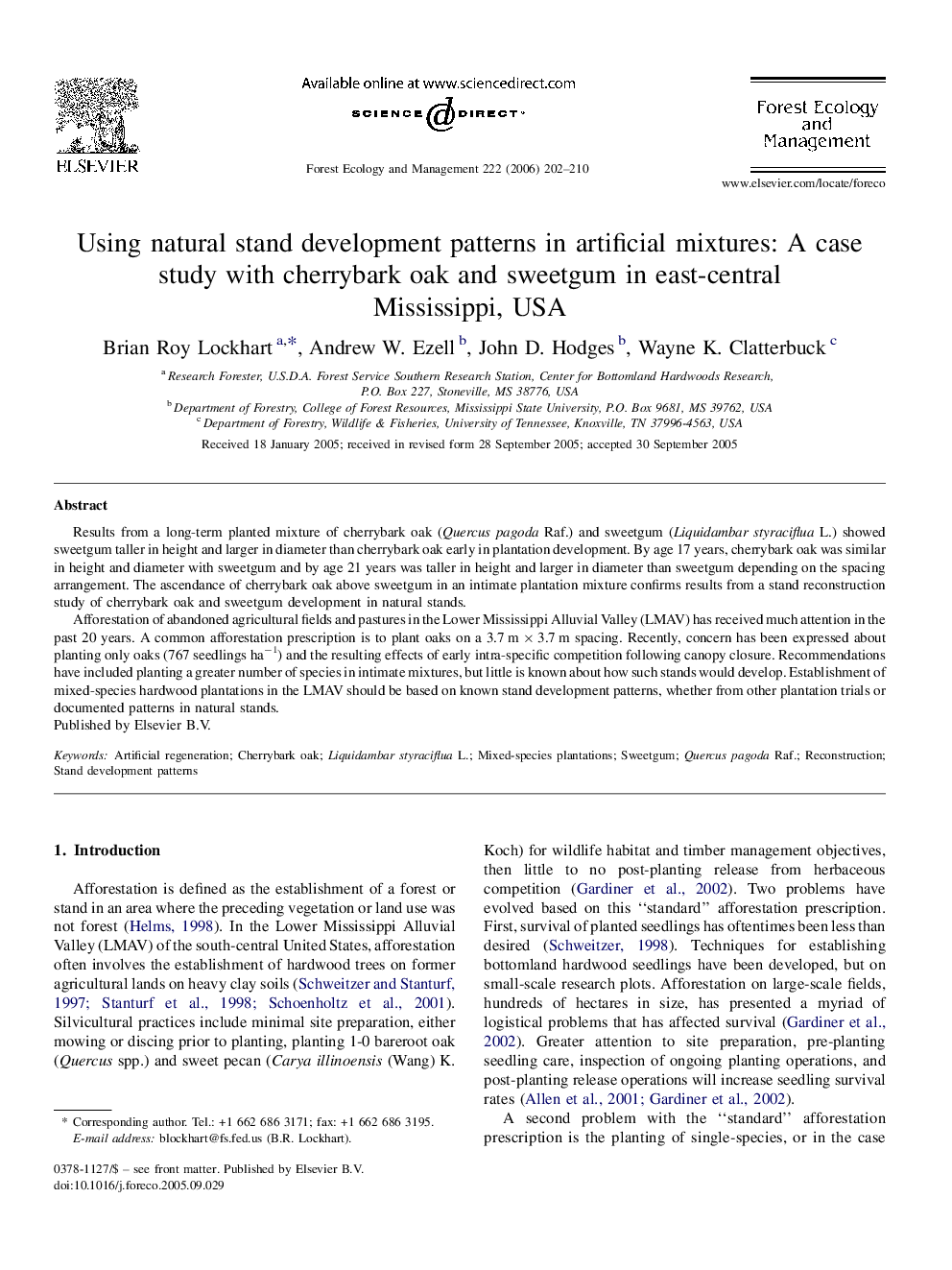 Using natural stand development patterns in artificial mixtures: A case study with cherrybark oak and sweetgum in east-central Mississippi, USA