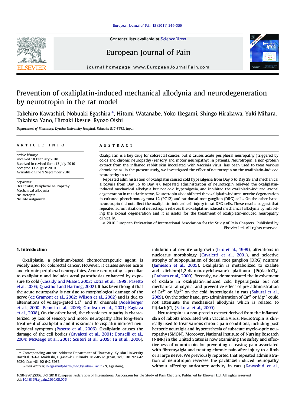 Prevention of oxaliplatin-induced mechanical allodynia and neurodegeneration by neurotropin in the rat model