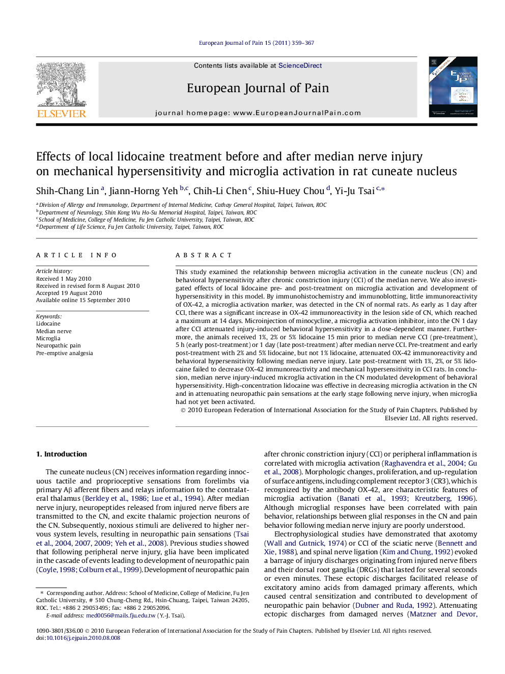 Effects of local lidocaine treatment before and after median nerve injury on mechanical hypersensitivity and microglia activation in rat cuneate nucleus