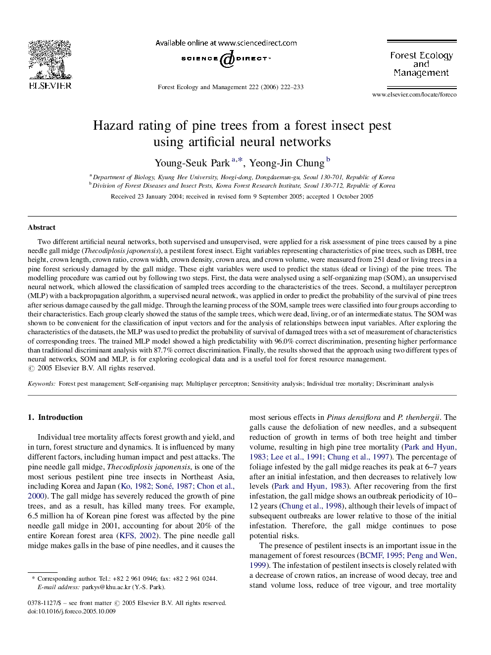 Hazard rating of pine trees from a forest insect pest using artificial neural networks