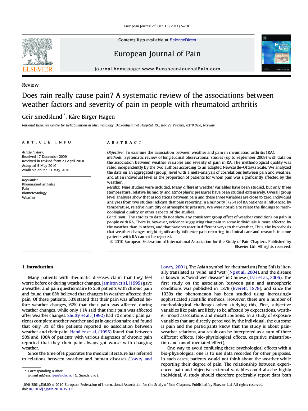 Does rain really cause pain? A systematic review of the associations between weather factors and severity of pain in people with rheumatoid arthritis
