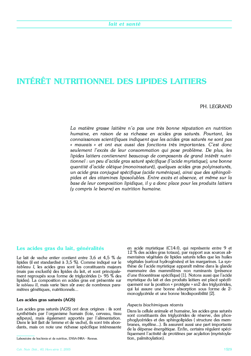 IntérÃªt nutritionnel des lipides laitiers