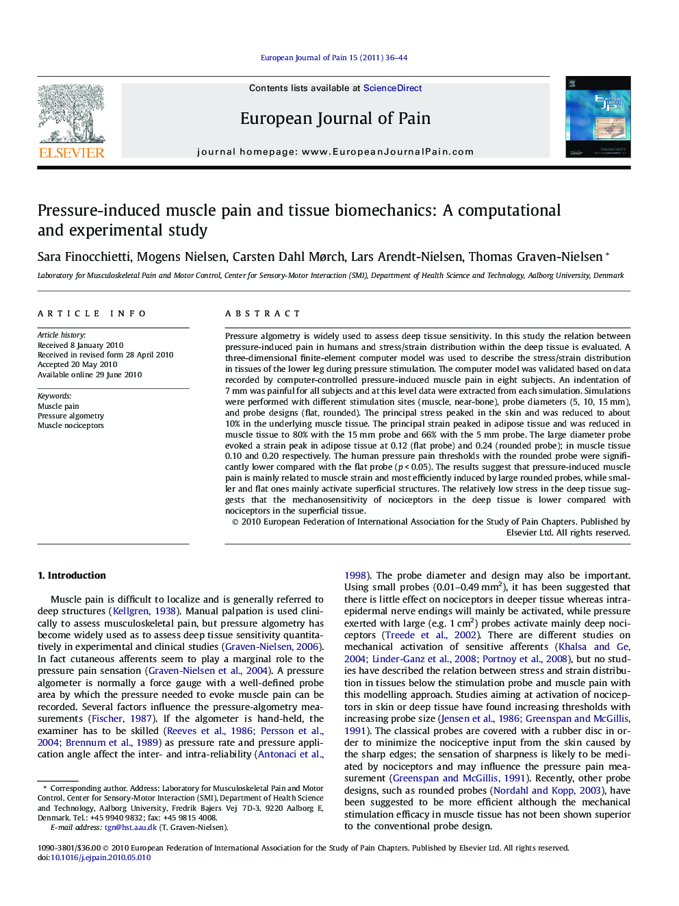 Pressure-induced muscle pain and tissue biomechanics: A computational and experimental study