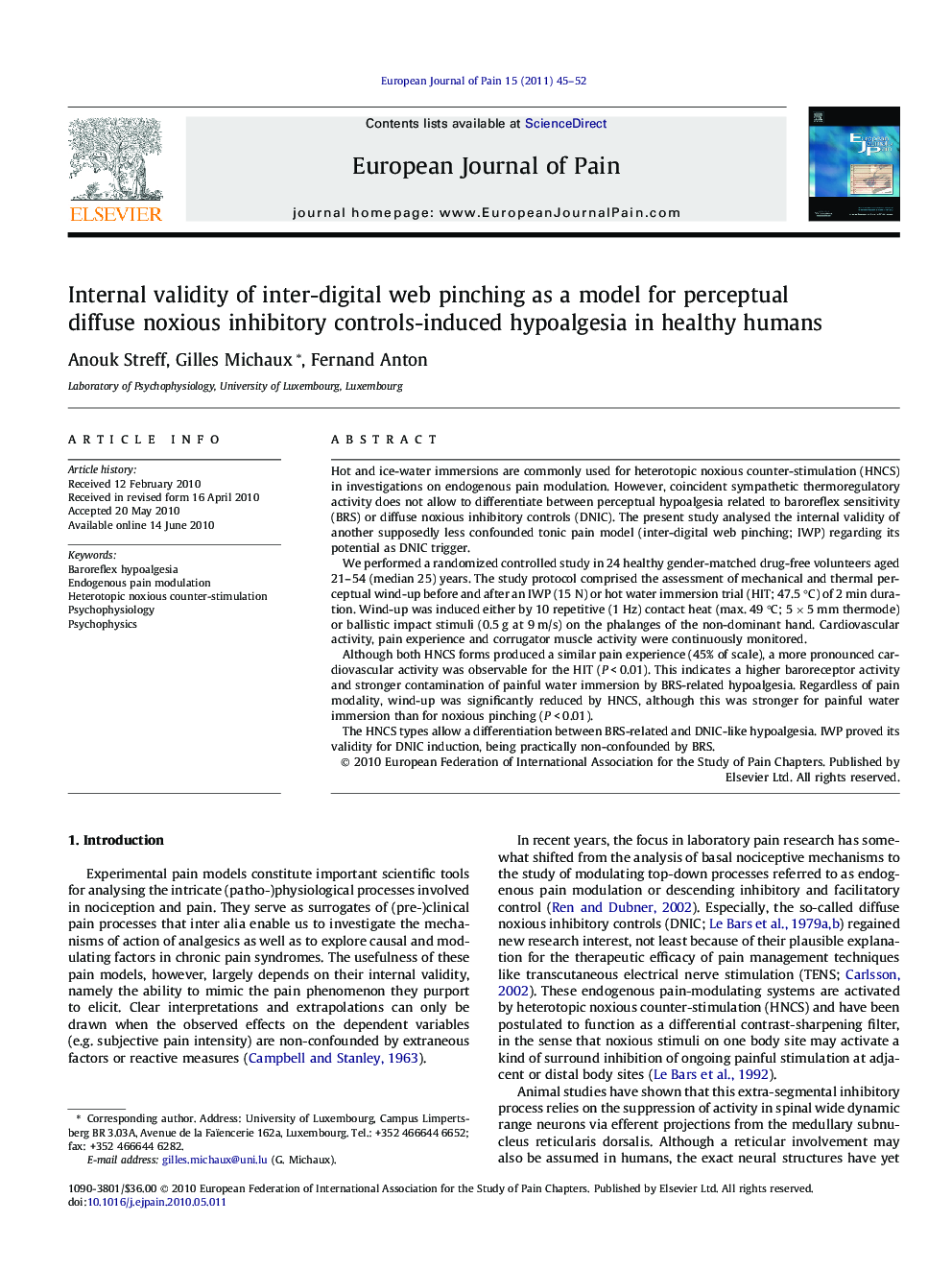 Internal validity of inter-digital web pinching as a model for perceptual diffuse noxious inhibitory controls-induced hypoalgesia in healthy humans