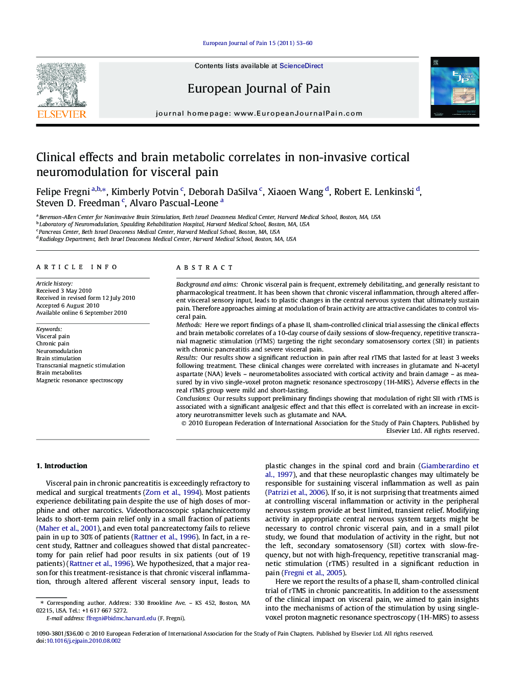 Clinical effects and brain metabolic correlates in non-invasive cortical neuromodulation for visceral pain