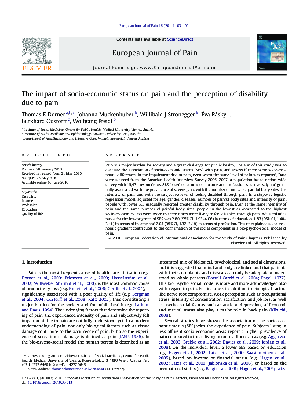 عکس صفحه اول مقاله: The impact of socio-economic status on pain and the perception of disability due to pain The impact of socio-economic status on pain and the perception of disability due to pain