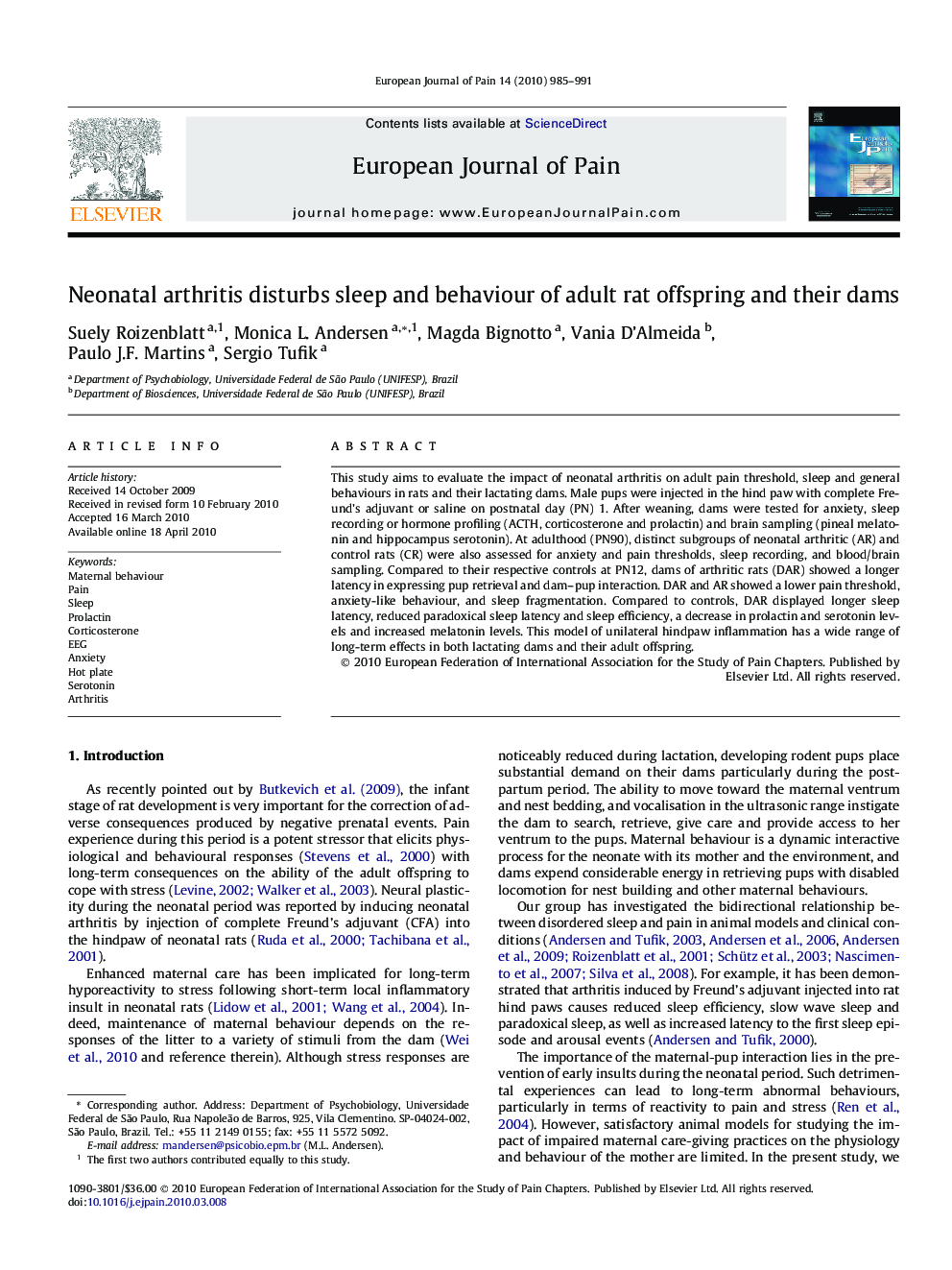 Neonatal arthritis disturbs sleep and behaviour of adult rat offspring and their dams