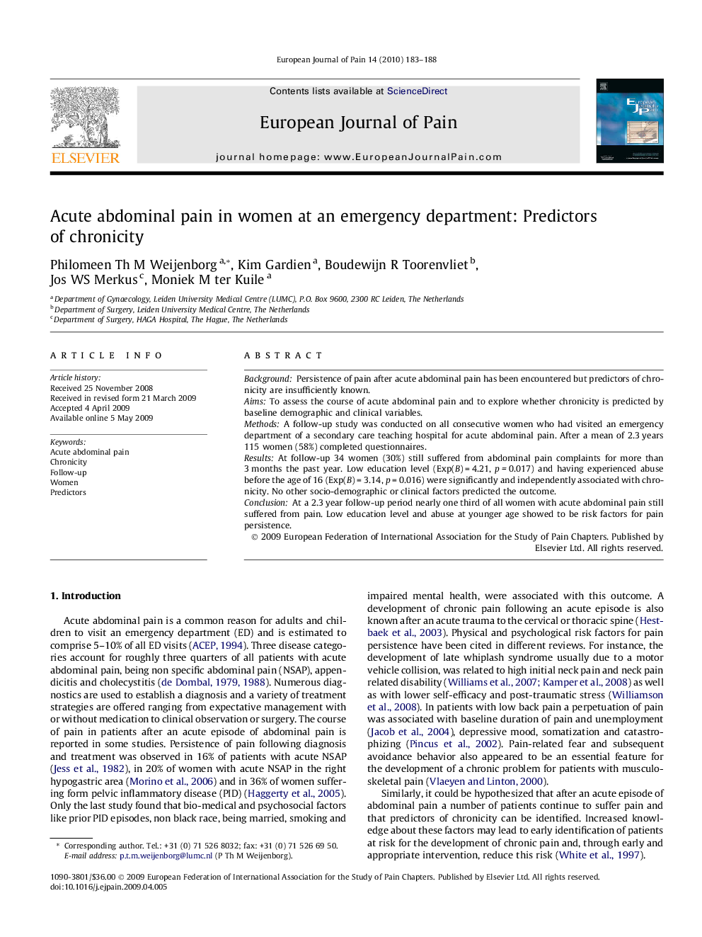 Acute abdominal pain in women at an emergency department: Predictors of chronicity