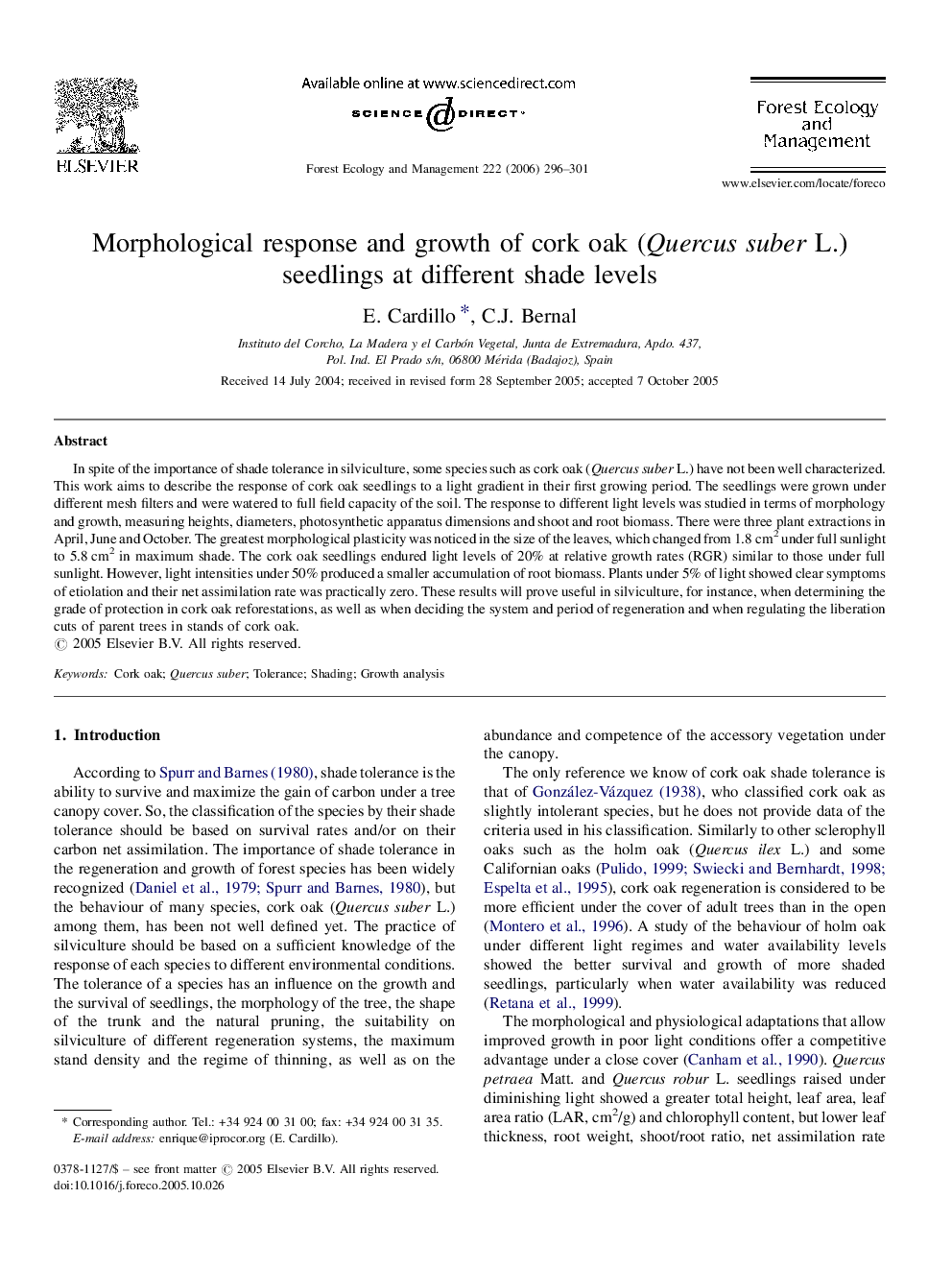 Morphological response and growth of cork oak (Quercus suber L.) seedlings at different shade levels