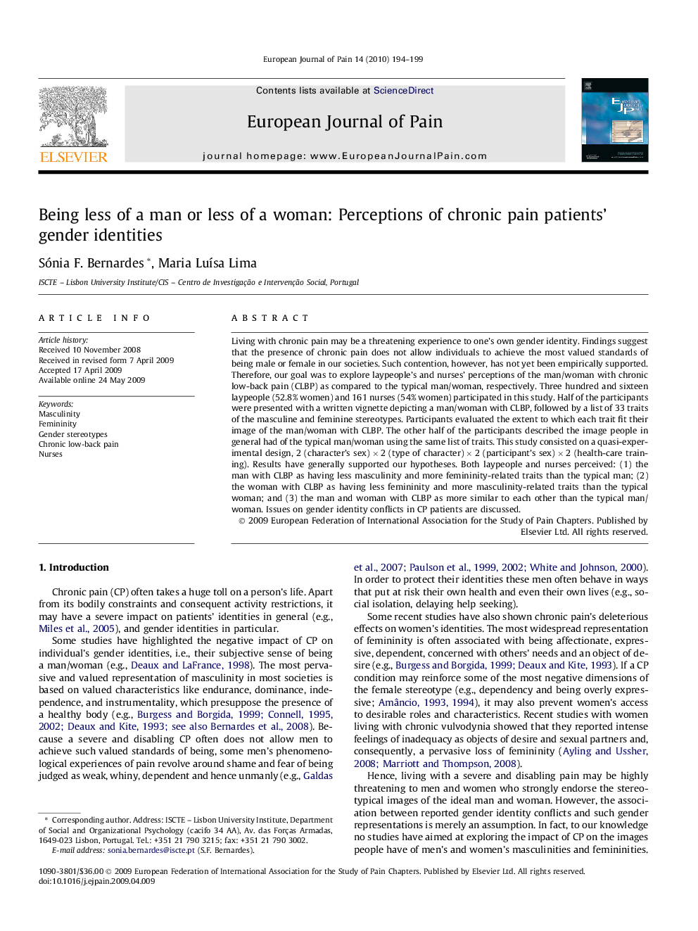 Being less of a man or less of a woman: Perceptions of chronic pain patients' gender identities