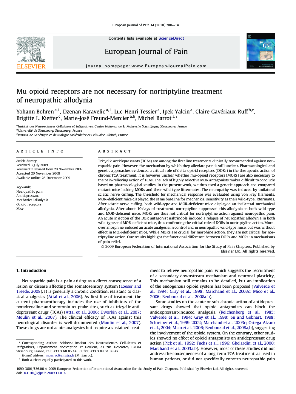 Mu-opioid receptors are not necessary for nortriptyline treatment of neuropathic allodynia