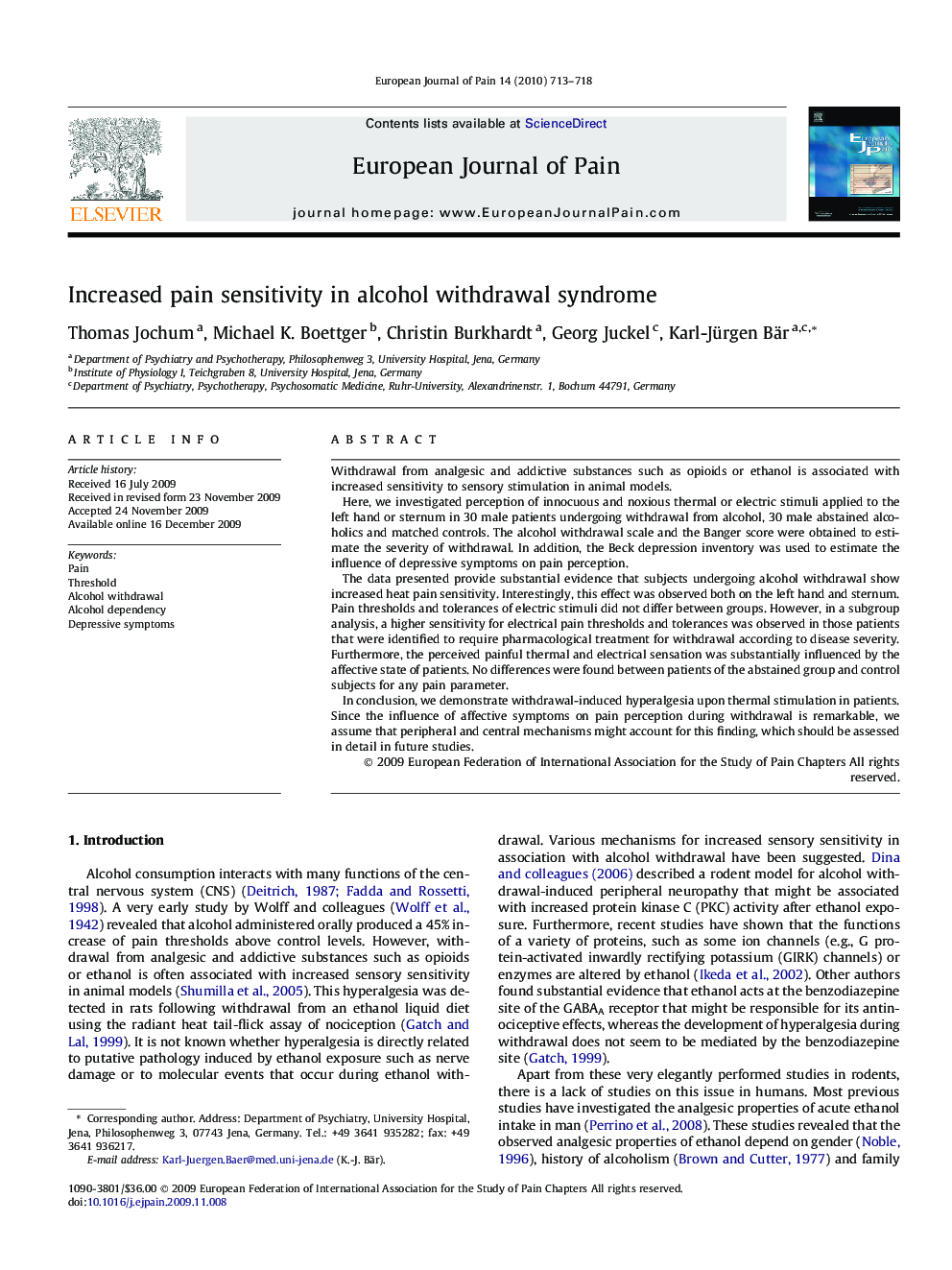 Increased pain sensitivity in alcohol withdrawal syndrome