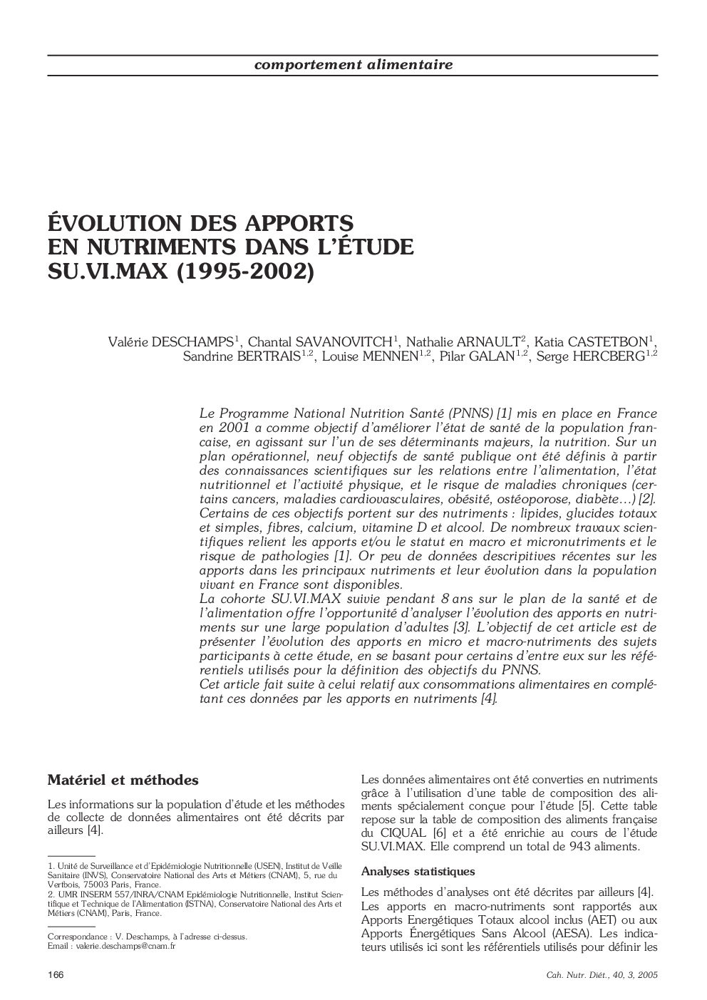 Ãvolution des apports en nutriments dans l'étude SU.VI.MAX (1995-2002)