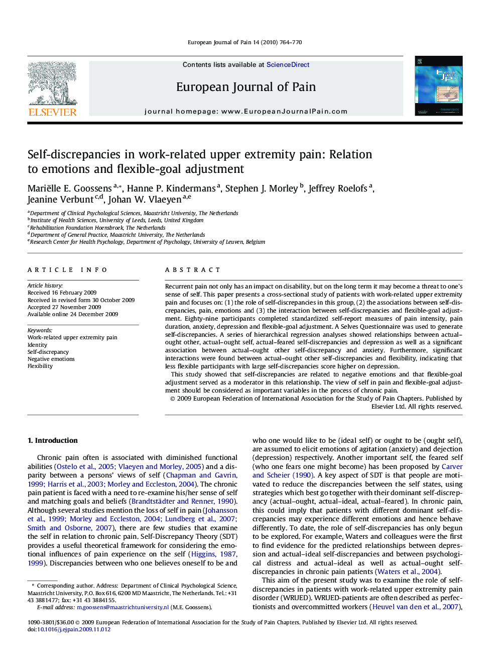 Self-discrepancies in work-related upper extremity pain: Relation to emotions and flexible-goal adjustment