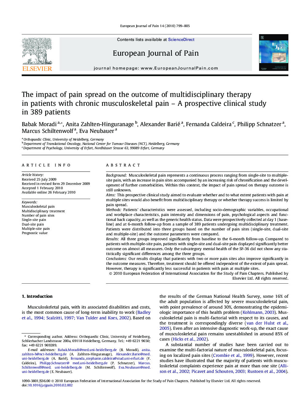 The impact of pain spread on the outcome of multidisciplinary therapy in patients with chronic musculoskeletal pain - A prospective clinical study in 389 patients