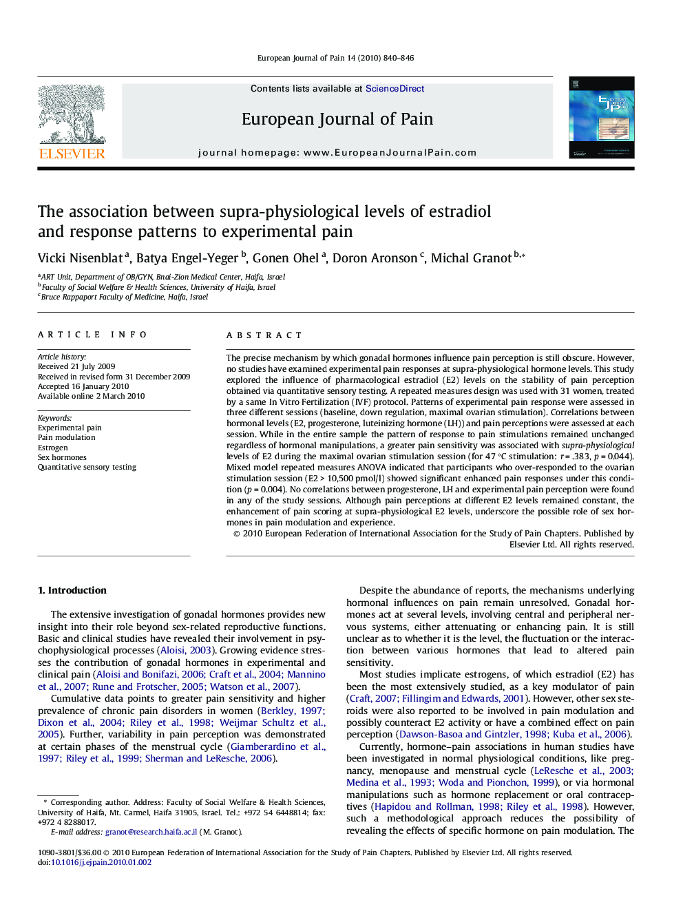 The association between supra-physiological levels of estradiol and response patterns to experimental pain