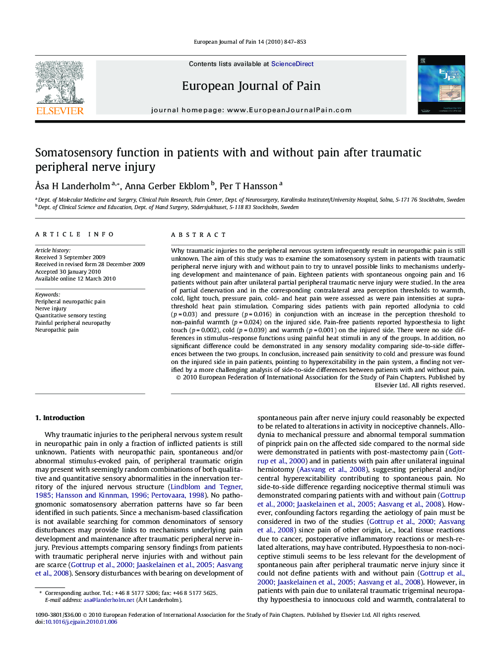 Somatosensory function in patients with and without pain after traumatic peripheral nerve injury