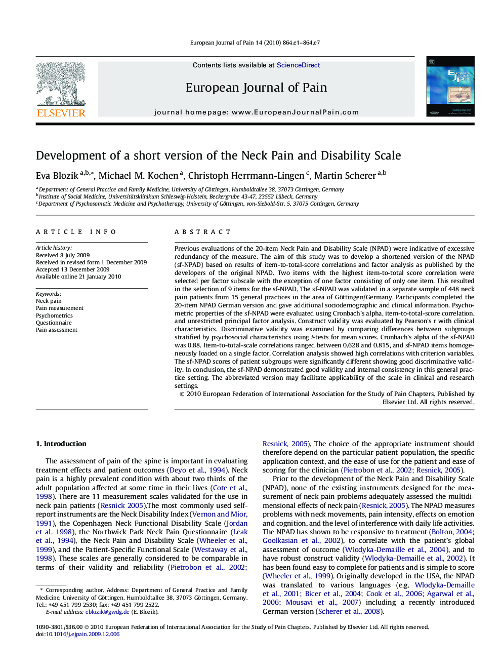 Development of a short version of the Neck Pain and Disability Scale