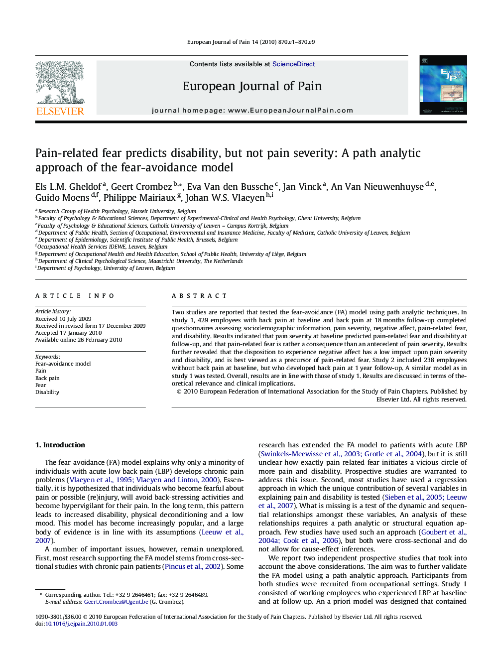 Pain-related fear predicts disability, but not pain severity: A path analytic approach of the fear-avoidance model