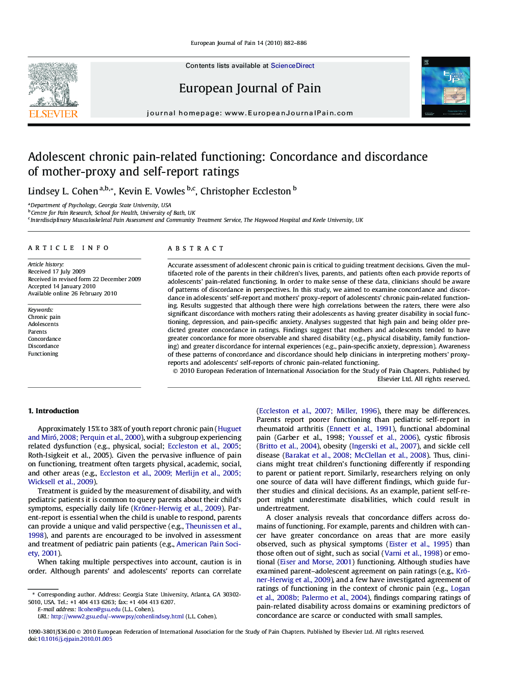 Adolescent chronic pain-related functioning: Concordance and discordance of mother-proxy and self-report ratings