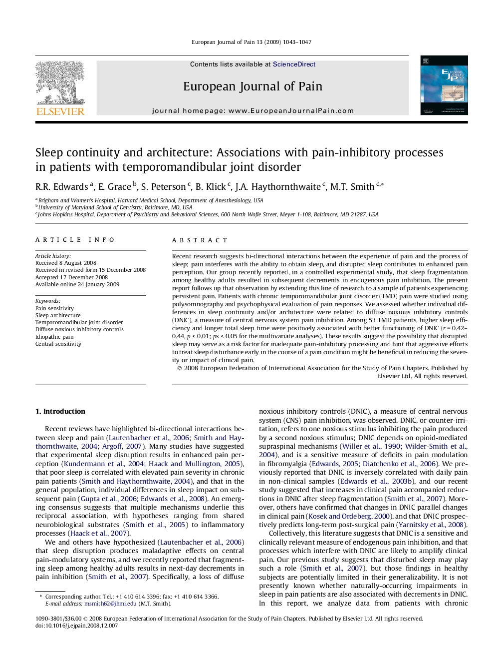 Sleep continuity and architecture: Associations with pain-inhibitory processes in patients with temporomandibular joint disorder