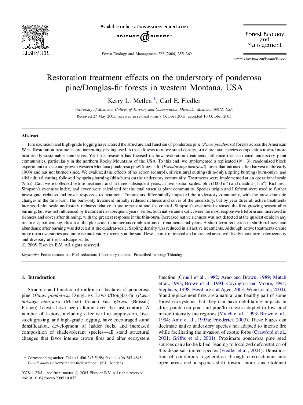 Restoration treatment effects on the understory of ponderosa pine/Douglas-fir forests in western Montana, USA