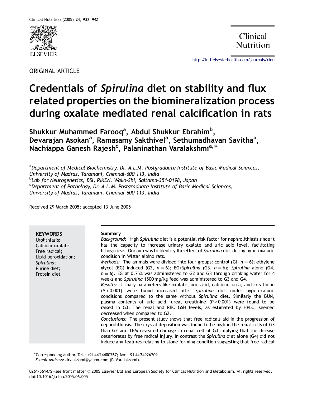 Credentials of Spirulina diet on stability and flux related properties on the biomineralization process during oxalate mediated renal calcification in rats