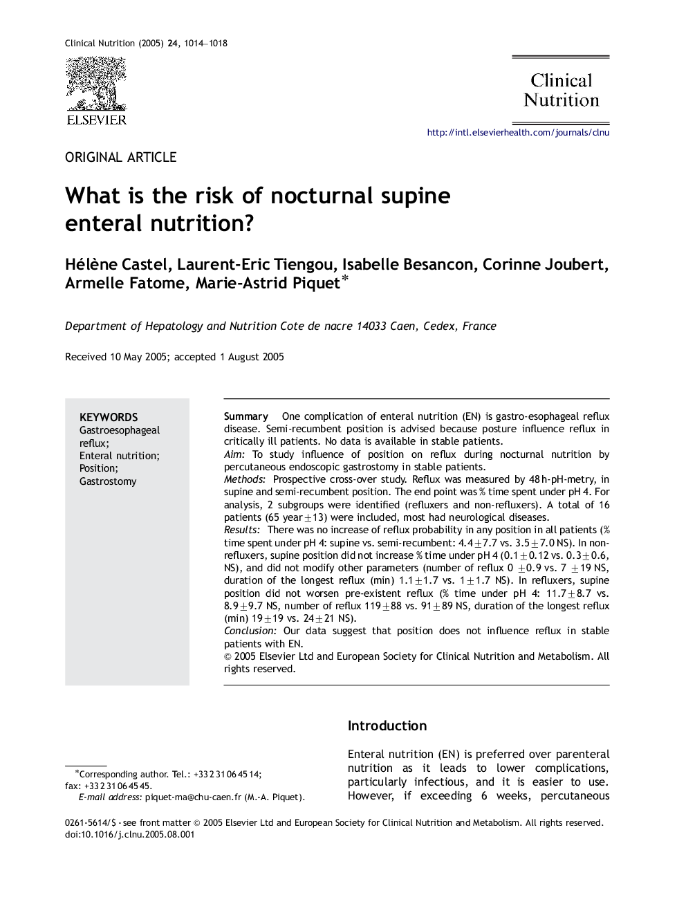 What is the risk of nocturnal supine enteral nutrition?