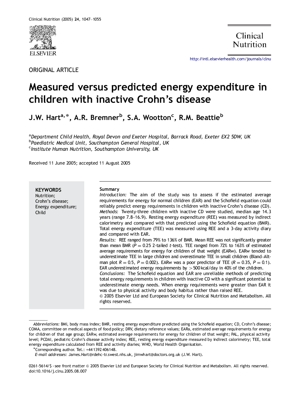 Measured versus predicted energy expenditure in children with inactive Crohn's disease