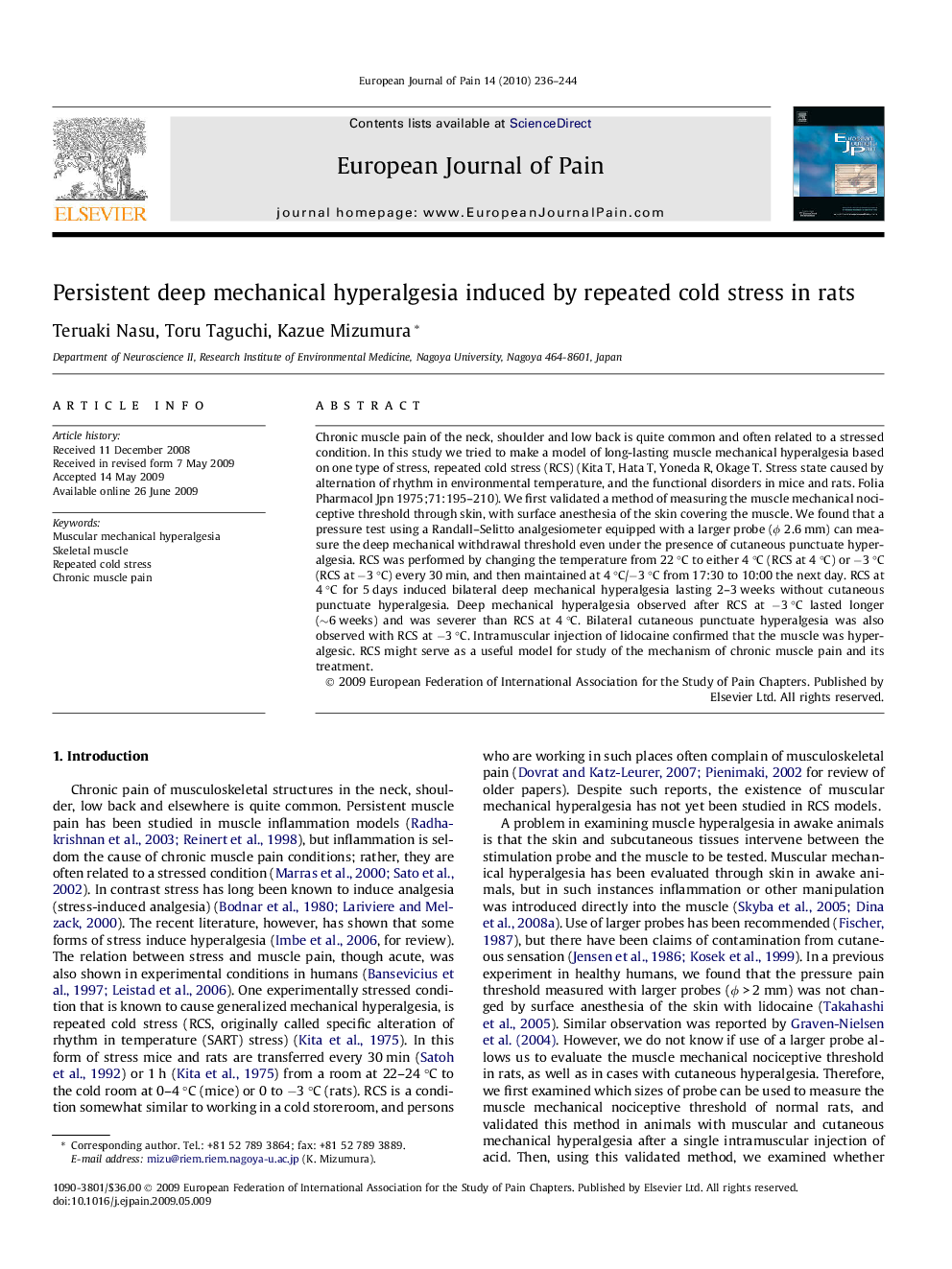 Persistent deep mechanical hyperalgesia induced by repeated cold stress in rats