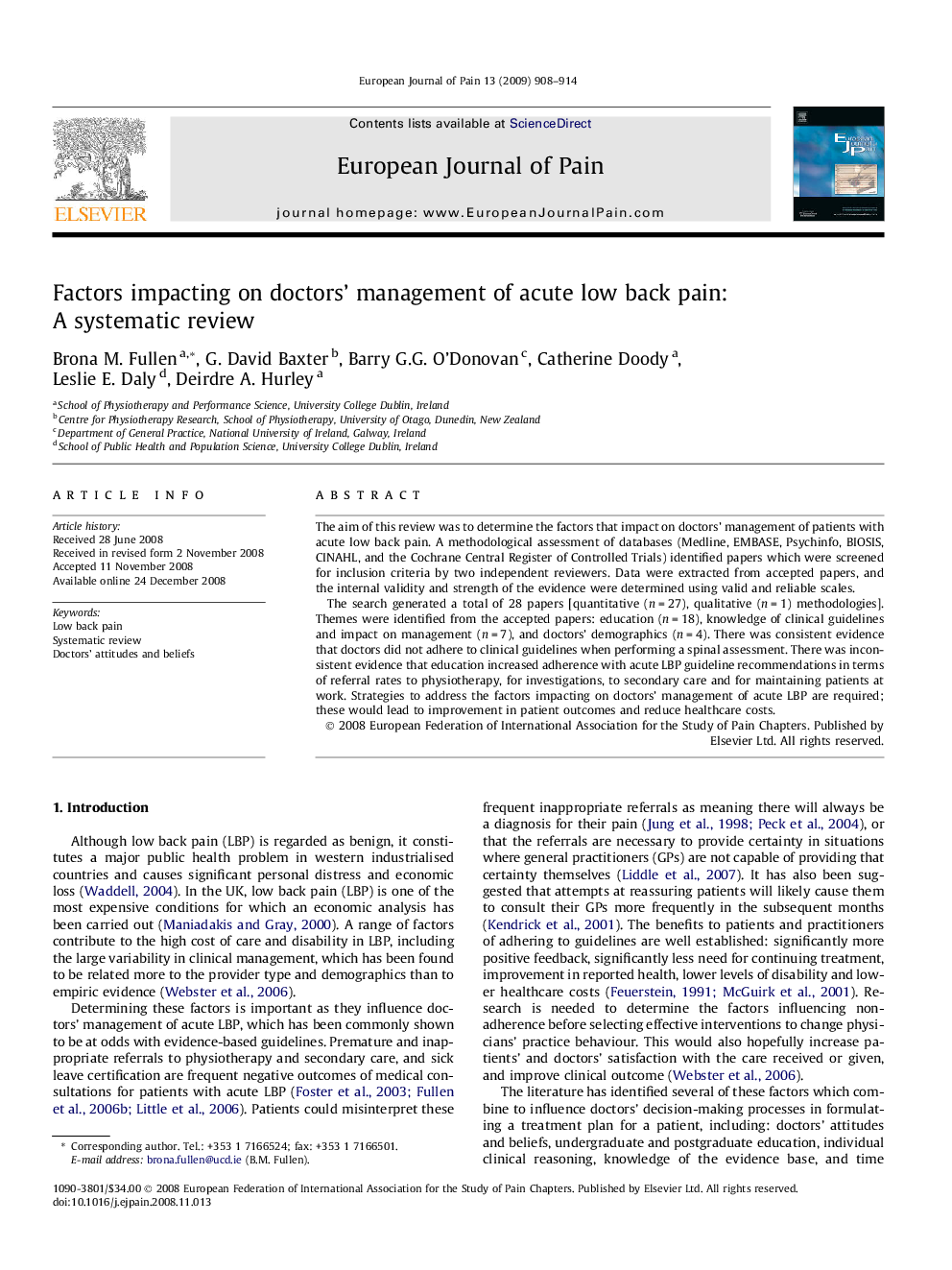 Factors impacting on doctors' management of acute low back pain: A systematic review