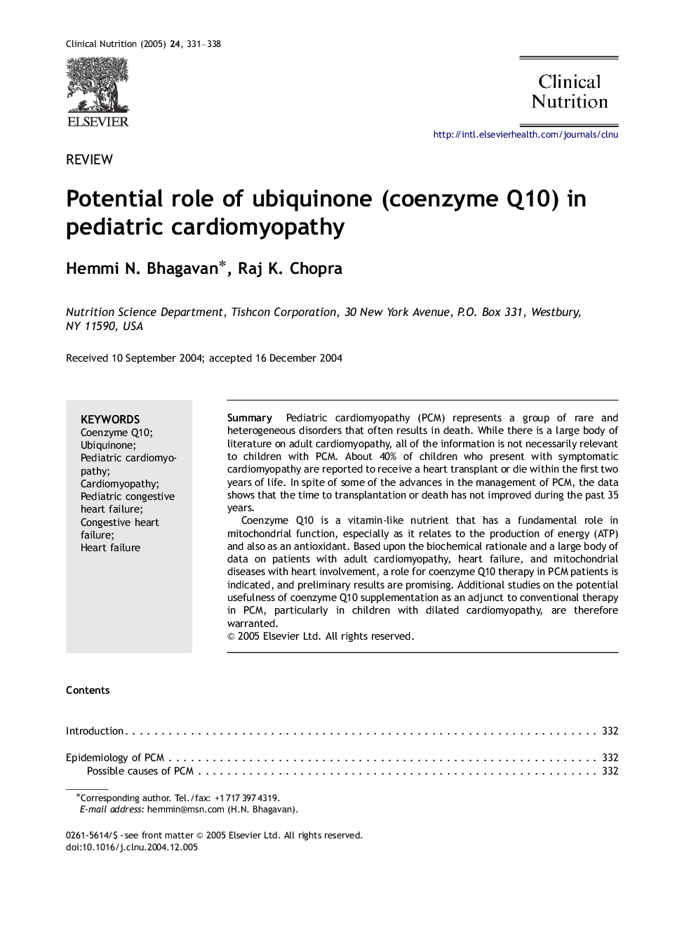 Potential role of ubiquinone (coenzyme Q10) in pediatric cardiomyopathy