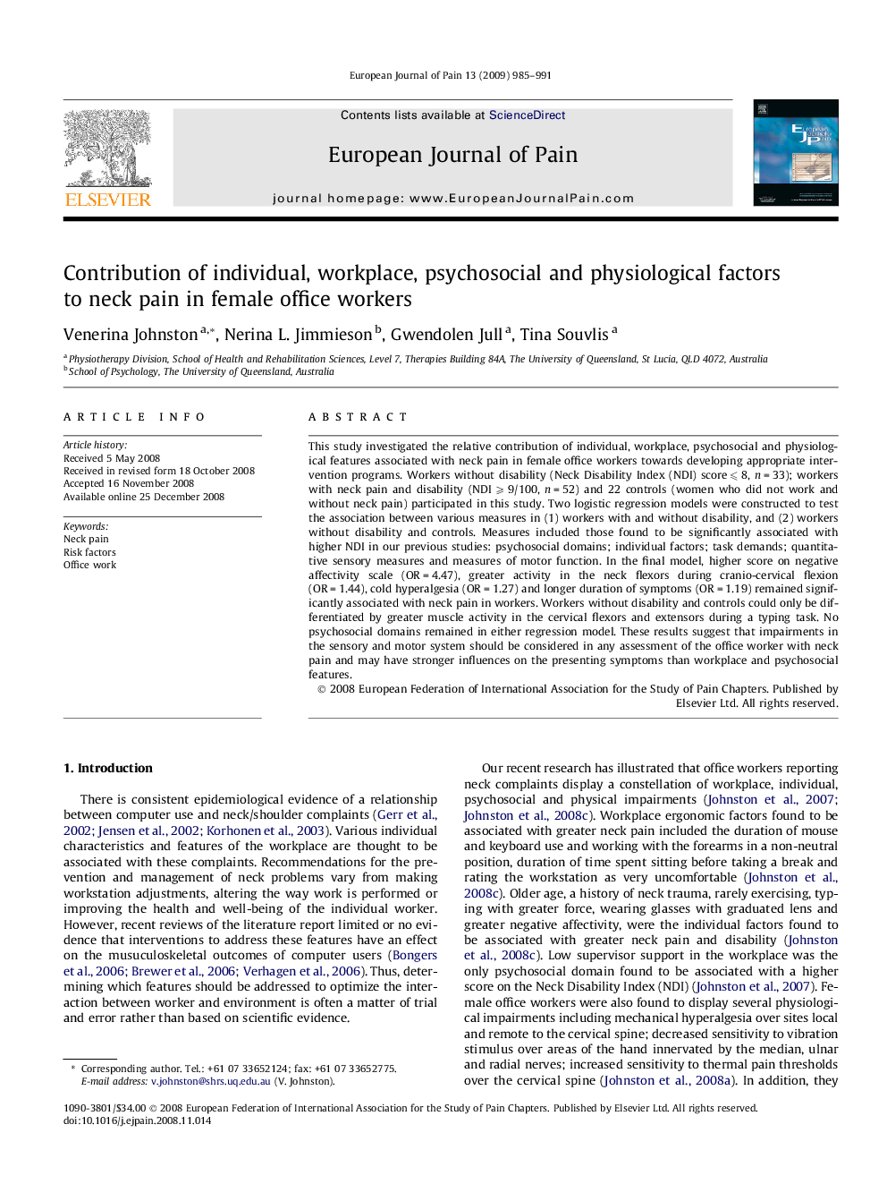 Contribution of individual, workplace, psychosocial and physiological factors to neck pain in female office workers