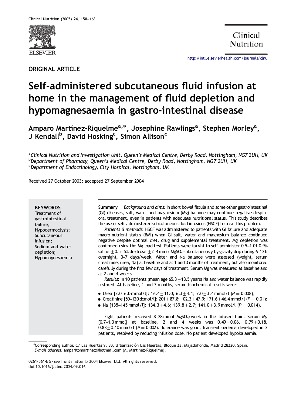 Self-administered subcutaneous fluid infusion at home in the management of fluid depletion and hypomagnesaemia in gastro-intestinal disease