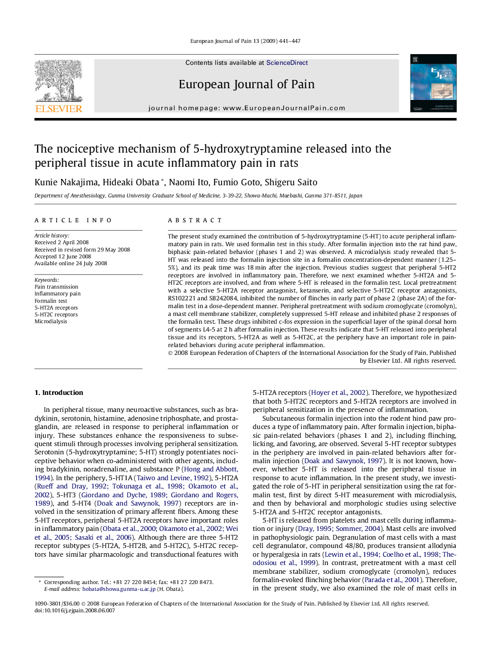 The nociceptive mechanism of 5-hydroxytryptamine released into the peripheral tissue in acute inflammatory pain in rats