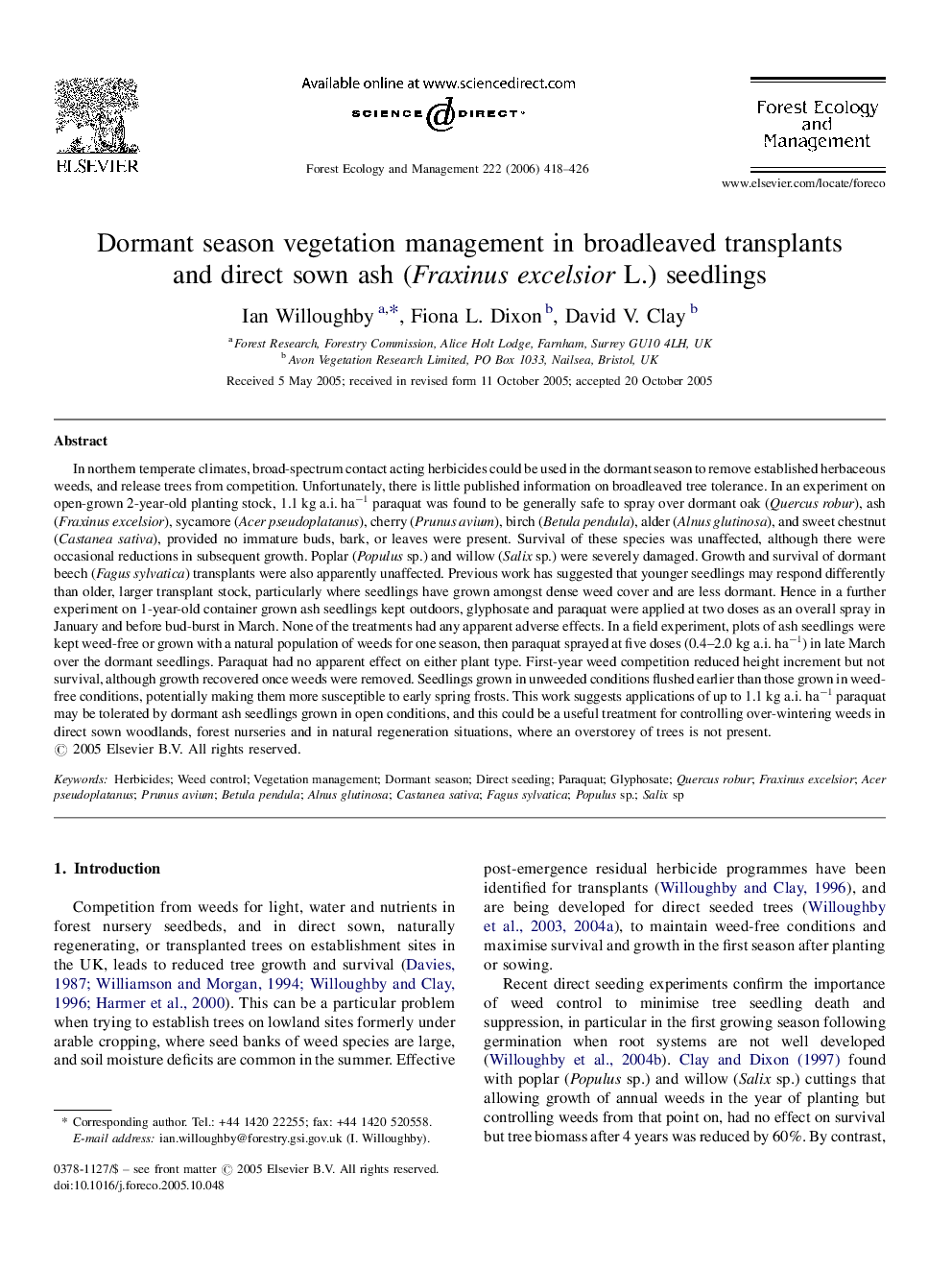 Dormant season vegetation management in broadleaved transplants and direct sown ash (Fraxinus excelsior L.) seedlings